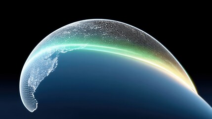 A stylized digital representation of Earth, showing continents with city lights, encased in a glowing atmospheric layer and a white mesh grid.