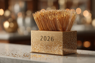 AI-generated golden sparkler sticks in decorative 2026 New Year container