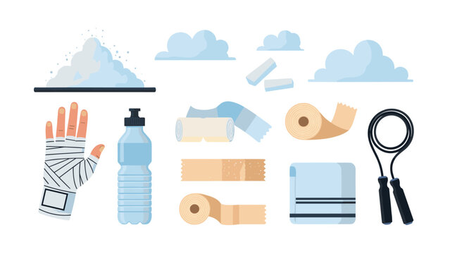 Fitness and sports equipment concept with gloves, water bottle, bandages, towel, jump rope, and chalk for gym training