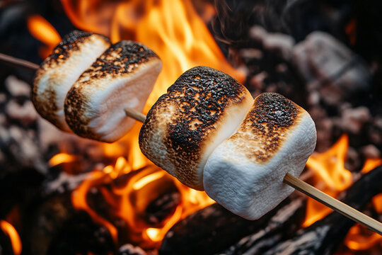 Generative AI image of marshmallows roasting over campfire flames during outdoor picnic food preparation in the forest