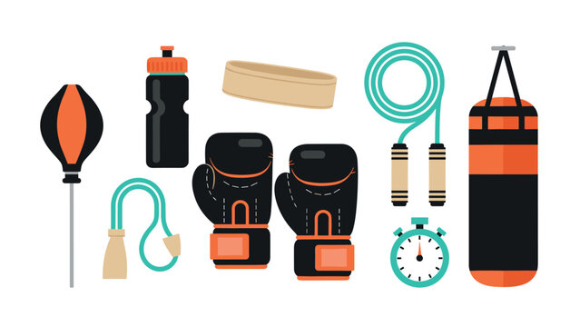 Boxing training equipment set: gloves, bag, and jump rope for fitness and exercise design