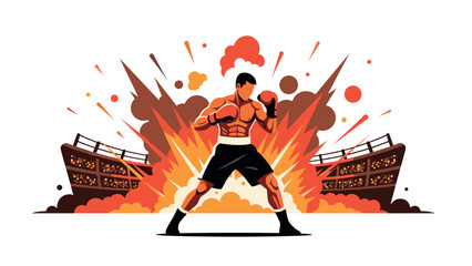 Explosive boxer training in front of fiery stadium for dynamic sports design