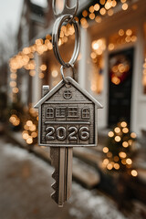 Decorative house-shaped key with 2026 engraving hanging with holiday lights