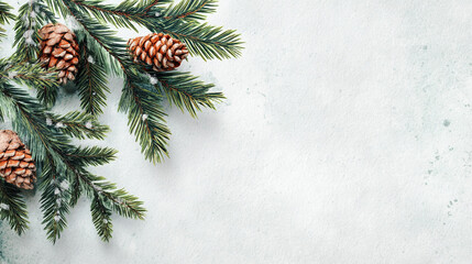Fir branches and pine cones covered with snow on a white background for christmas decoration