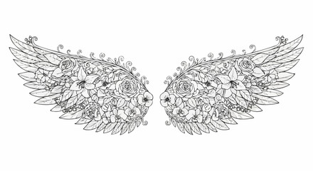 Detailed floral angel wings illustration delicate design elegant art.