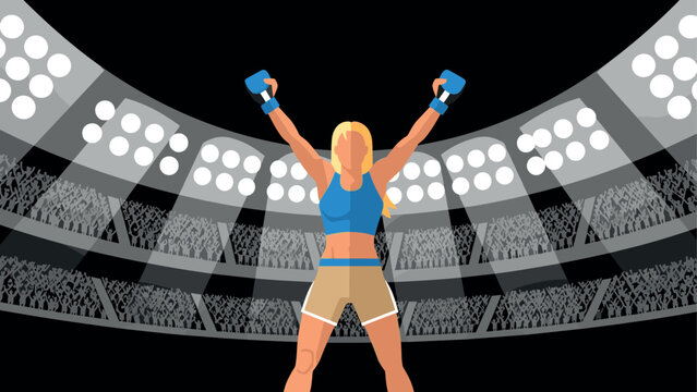 Female boxing champion celebrating victory in a stadium arena for sports design