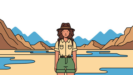 Adventurous explorer in desert landscape with hat and backpack for travel and adventure illustration design