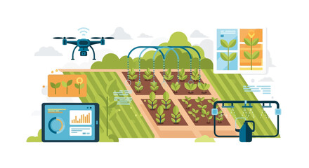 Smart farming concept with drone, tablet, and augmented reality for crop monitoring and agricultural technology.