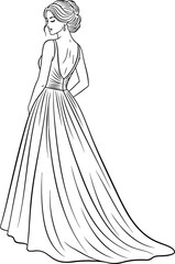 Elegant woman in a long, flowing gown with a lowcut back, gracefully looking over her shoulder, isolated on