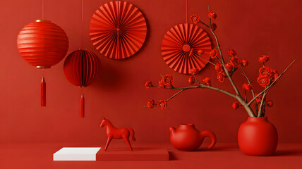 Red chinese new year display with lanterns paper fans horse teapot and plum blossoms on a red background