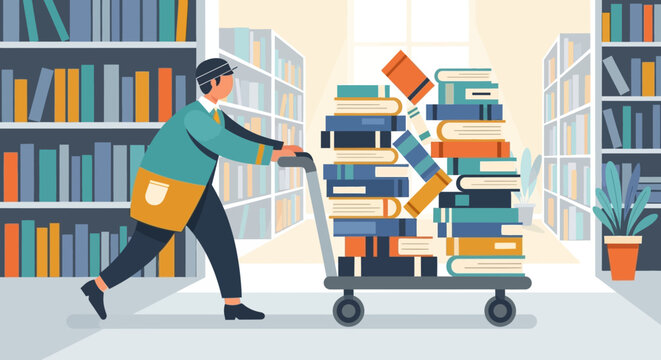 A library worker pushes a trolley piled high with a precarious stack of colorful books through the aisles.