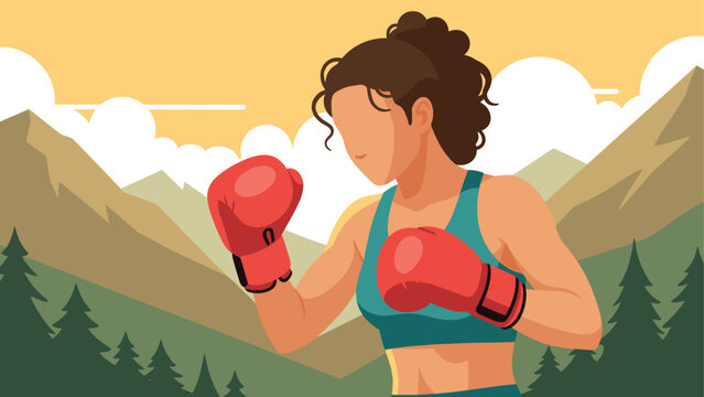 Boxing woman in mountain landscape for fitness motivation and outdoor adventure design
