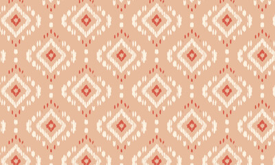Seamless Ikat Geometric Pattern in Soft Terracotta, Classic Boho Tribal Diamond Background with Native Motif