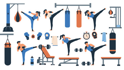 Martial arts training elements for fitness design - kickboxing and exercise equipment