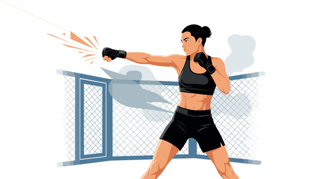 Female mma fighter training in cage arena illustration for sports apparel and motivational posters - Powered by Adobe