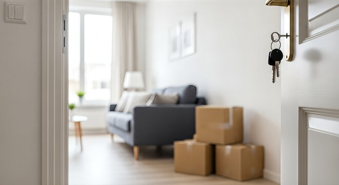 New home interior with open door revealing keys, cozy living room with unpacked boxes, soft lighting, and inviting atmosphere, symbolizing happiness and fresh beginnings in a new space