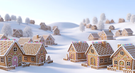 Gingerbread village nestled in snowy hills creates a whimsical winter wonderland scene with frosted roofs and sugar decorations, evoking a festive and joyful mood.