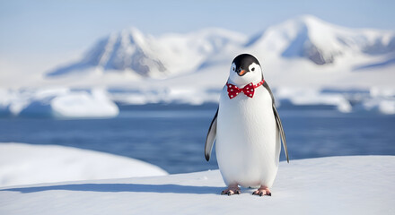 Penguin wearing red bow tie stands proudly on icy landscape with snowcapped mountains in the distance, radiating charm and festive spirit.