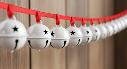 White jingle bells hang on red ribbon against wood paneling, creating festive holiday decor with classic charm and cheerful spirit.