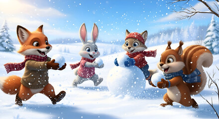 Cartoon animals playing in the snow, building a snowman, and having a snowball fight in a winter wonderland, creating a joyful and festive scene.