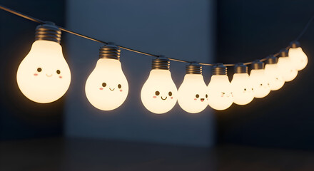 Glowing string lights with cute faces hang indoors, casting a warm and playful ambiance in the softly lit room, creating a cheerful and inviting atmosphere.