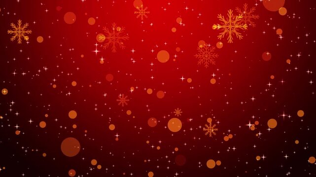 Abstract Red crimson maroon with gold gradient. Falling snowflakes and bokeh moving in transition, bright and shiny festive backdrop. Seamless loopable Christmas background.