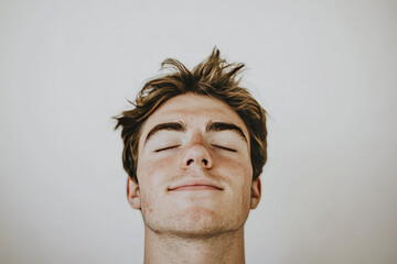 Serene young man relaxing with eyes closed against minimalist background