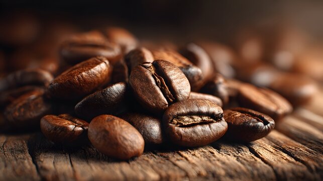 Close-up of shiny roasted coffee beans scattered on a rustic wooden surface with warm lighting for aromatic fresh coffee inspiration