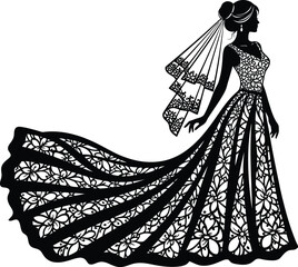 Elegant silhouette of a bride in a beautiful lace wedding dress with a long train and veil, isolated on