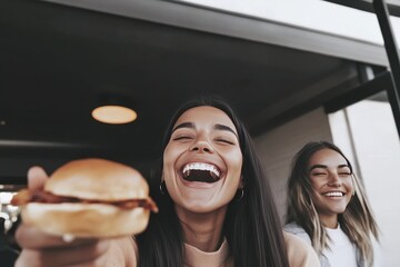 Joyful friends enjoying time together at a restaurant with delicious burgers