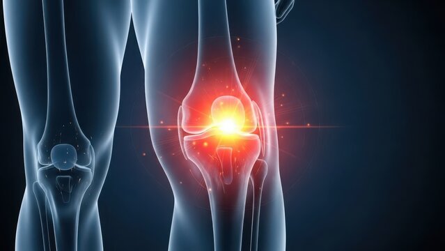 Human knee joint pain and inflammation illustrated with glowing red hot spot, depicting medical discomfort and anatomical detail.