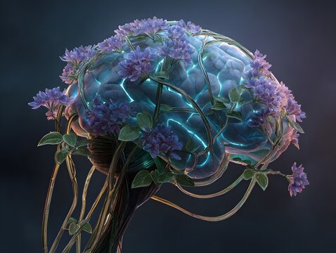 Highly detailed futuristic brain with vibrant purple flowers glowing neural pathways and intertwining green vines on dark background