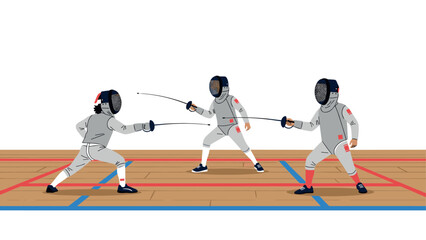 Fencing competition scene with athletes in action suited in professional gear on wooden floor