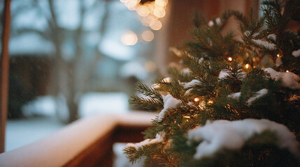 Snow covered Christmas tree branches with warm fairy lights on cozy winter porch at dusk