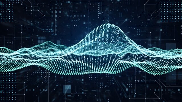 Dynamic glowing data waves forming flowing lines of particles on a dark futuristic background. A visual representation of digital networks, analytics, and modern technology.