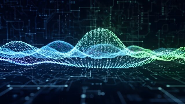 Dynamic glowing data waves forming flowing lines of particles on a dark futuristic background. A visual representation of digital networks, analytics, and modern technology. - Powered by Adobe