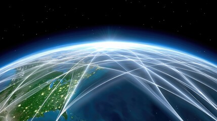 A digital representation of Earth from space at night, illuminated by city lights and overlaid with a luminous network of lines connecting various points across
