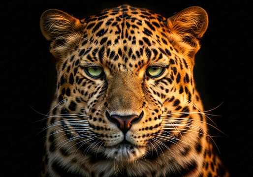 Stunning close-up portrait of a wild leopard face isolated on a black background, showcasing intense green eyes and golden fur texture