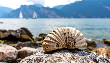 Seashell on a rocky shore with mountains in the background