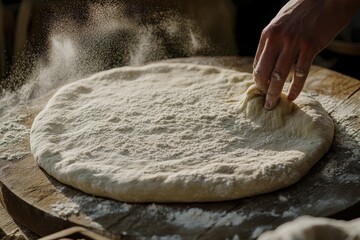 Preparing artisan pizza dough by hand in rustic kitchen setting