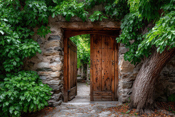 Old wooden door in a stone wall with ivy
