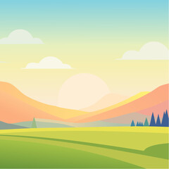 Obraz premium Beautiful Pastel Landscape with Rolling Hills and a Gentle Sun Setting Behind Mountains