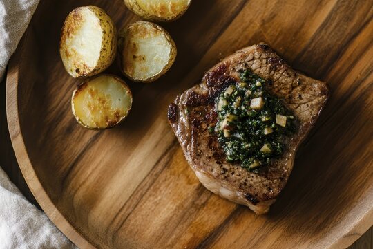 Grilled steak with herb butter accompanied by roasted potatoes on wooden plate
