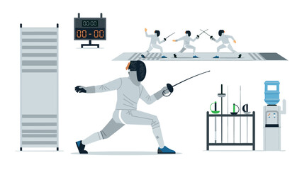 Fencing sport elements with fencer, equipment, and athletes in action for design and print