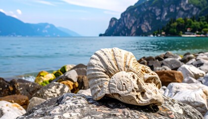 Seashell on rocks by a lake