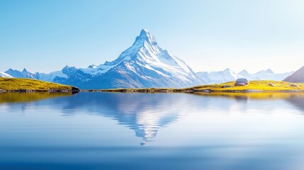 A stunning panoramic view of the Matterhorn mountain peak, covered in snow, reflecting perfectly in a calm alpine lake. The foreground features grassy hills bat
