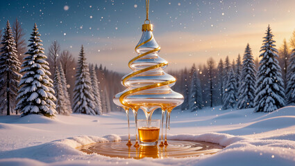 a glass and honey Christmas tree in a snowy landscape
