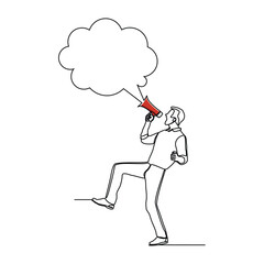 Continuous line sketch drawing of man holding megaphone speaker with bubble chat. Single line art of sound tool equipment editable stroke vector illustration