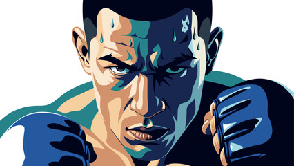 Determined boxer in action pose with intense focus for fitness motivation and sports design