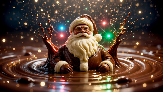 A chocolate Santa Claus is bathing in chocolate